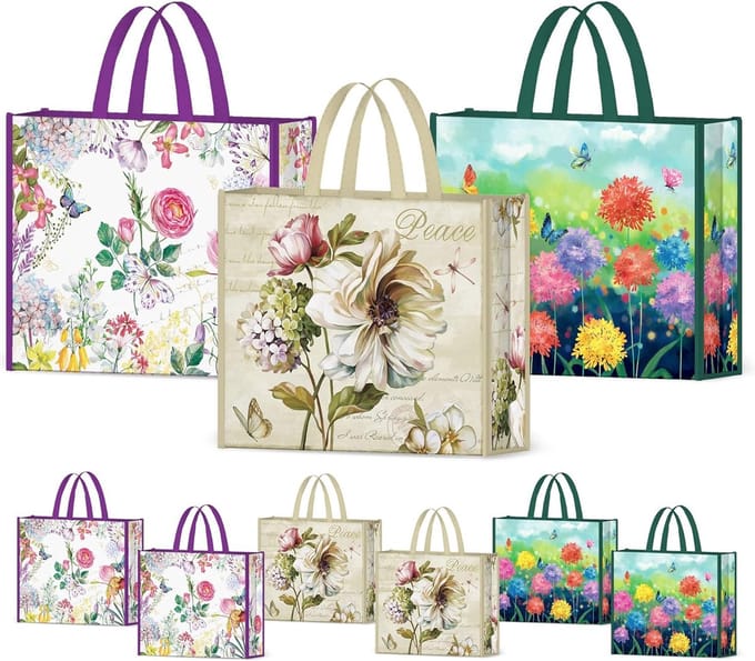 6 stuks boodschappentas, herbruikbare pioenroos, vlinder, groot, wasbare draagtas, opvouwbaar, voor dames
