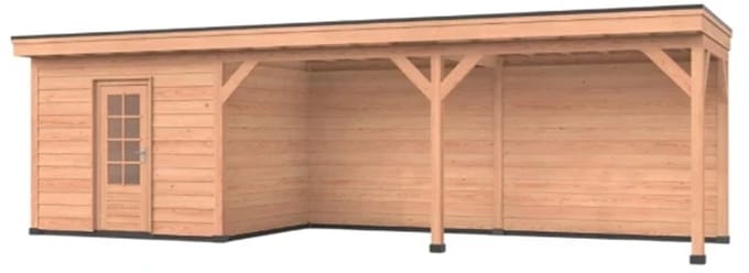 Douglas overkapping, 900 x 250, Met achterwand en schuur, Westwood Comfort Basic