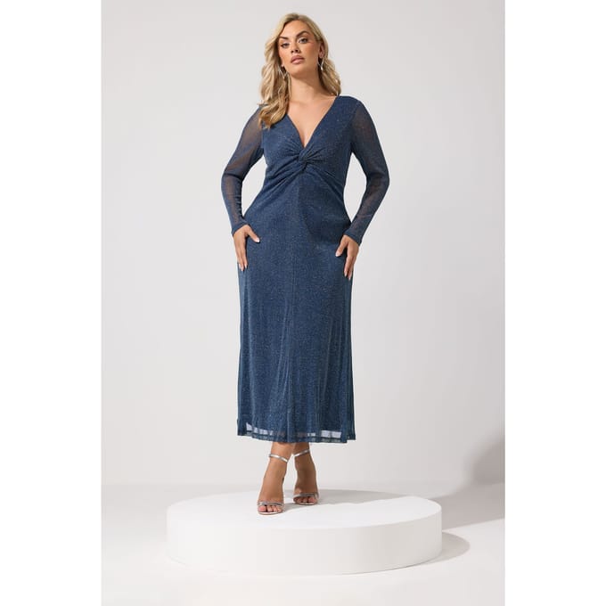Yours London Marineblauwe Metallic Maxijurk Met Knoop Size 48