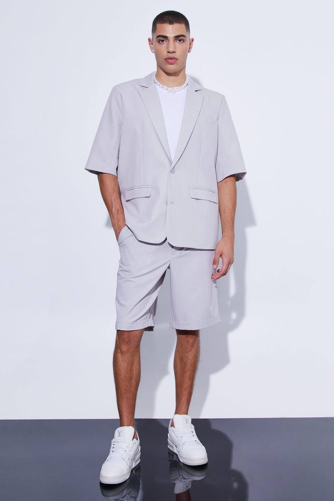 Short Sleeve Oversized Single Breasted Suit Jacket | Light Grey | Size 46