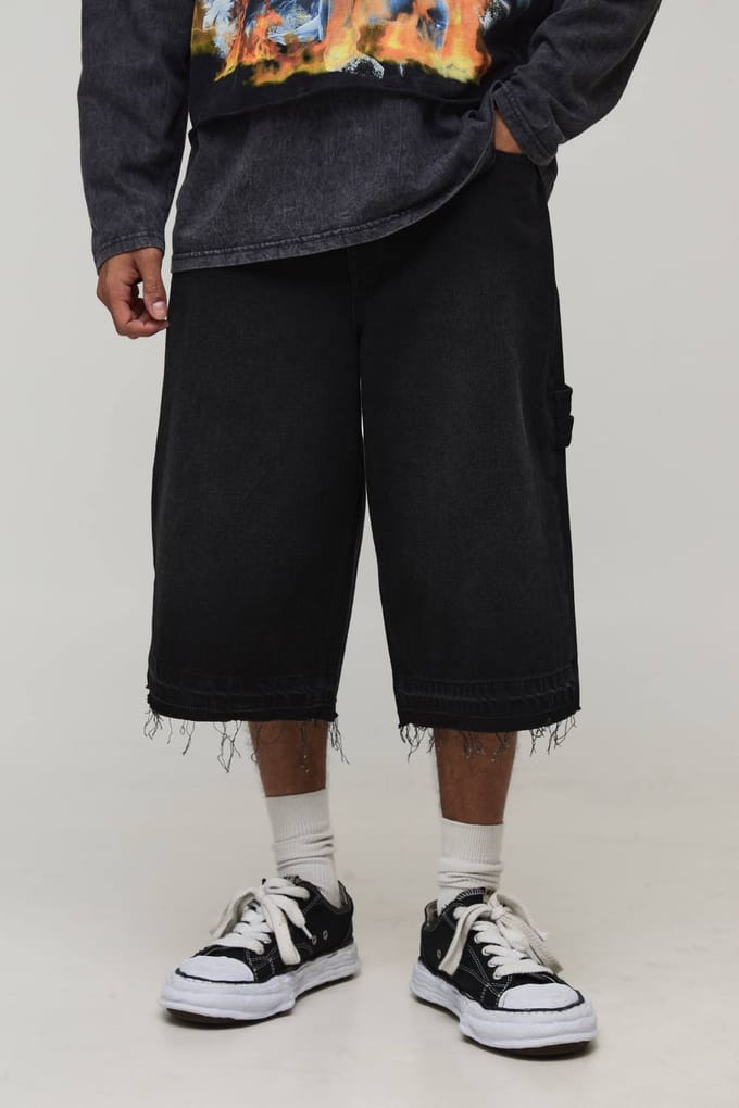 Let Down Hem Double Carpenter Loop Overdye Denim Jorts | Washed Black | Size 44