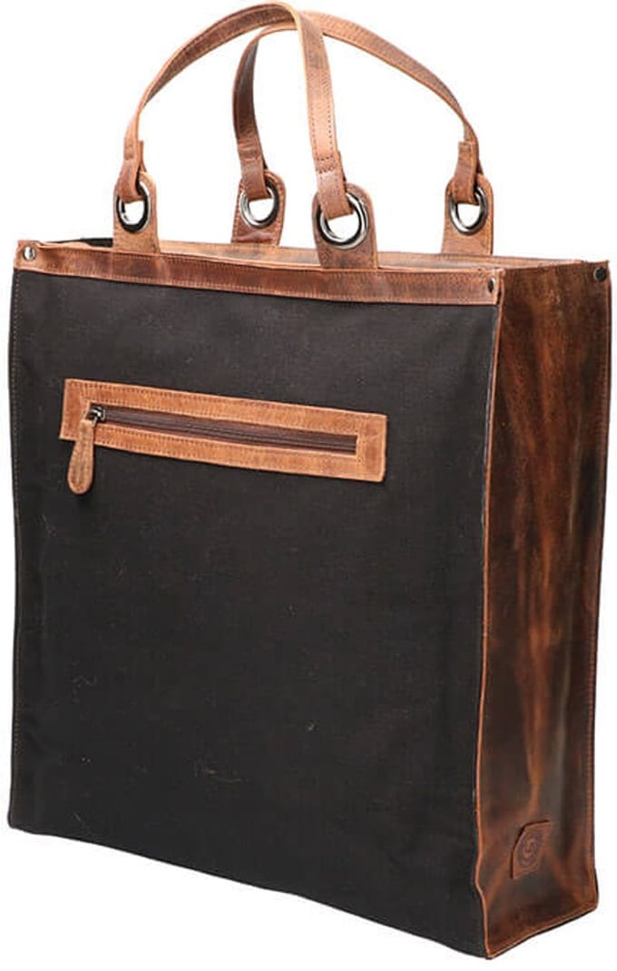 Leather Design Canvas Boodschappentas met Hunter Leer Zwart