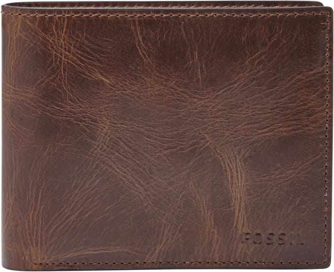 FOSSIL Leren Portemonnee Derrick RFID Large Coin Pocket Bifold Dark Brown Bruine
