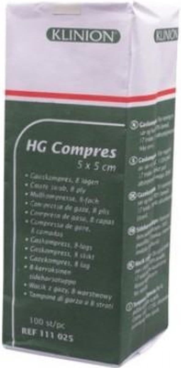Klinion gaaskompres HG 8-laags 5x5cm (100 stuks) Klinion