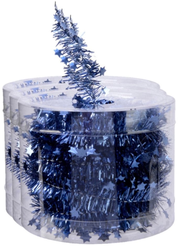 Decoris kerstslinger - 3x st - met sterren - donkerblauw - lametta - 700 cm