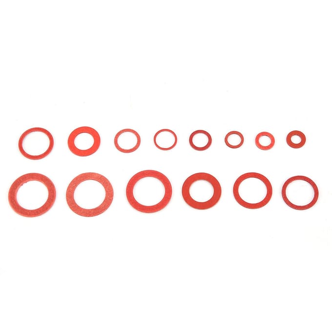 150 stuks 14 maten rood staal papiervezel platte ringen kit isolatiering assortiment set met doos