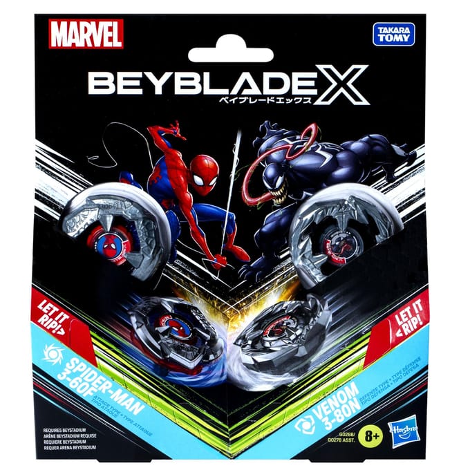 Beyblade X Marvel-collab, Spider-Man 3-60F vs. Venom 3-80N, multipackset, leeftijd 8+