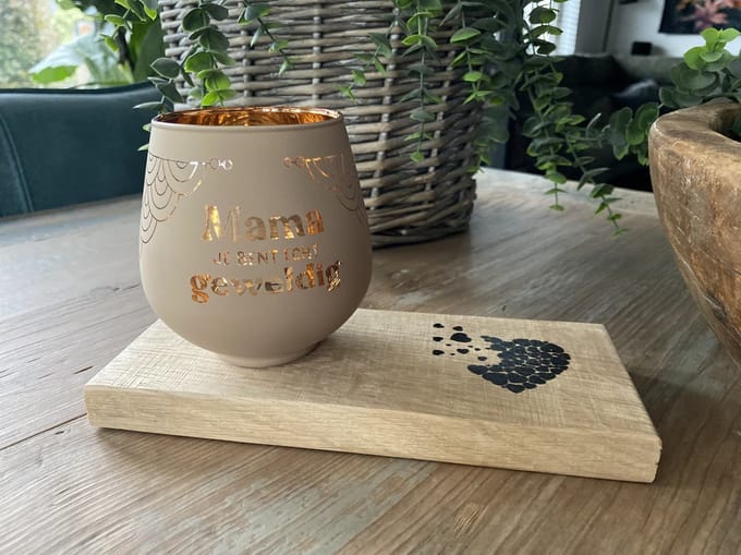 Creaties van Hier - Moederdag (mama) - Kaarsen - Theelichthouder met Plankje - Glas - 9,4x8,9 cm - moederdag cadeautje