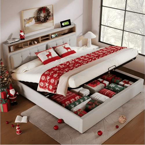 Merax Opbergbed 160 x 200 cm met opberghoofdeinde - USB - linnen stof - beige
