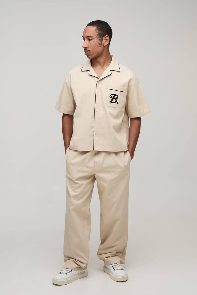 Oversized Shirt Met Zakdetail En Ontspannen Broek Set In Twill | Stone | Size Medium