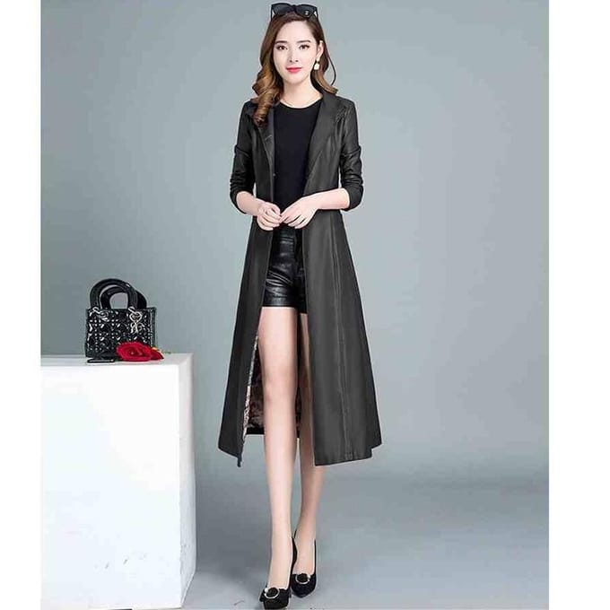 Manteau en cuir mi-long automne et hiver style coréen mode mince manteau mince coupe-vent en cuir pour femme M gray