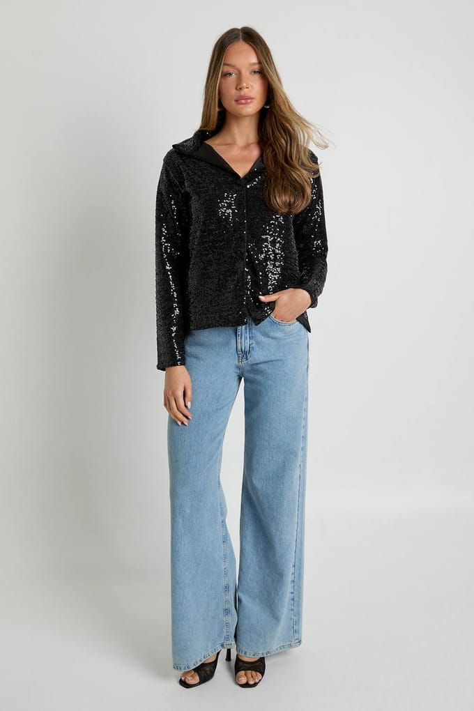 boohoo Dames Pailletten oversized doorgeknoopt overhemd | Black | Maat: 6