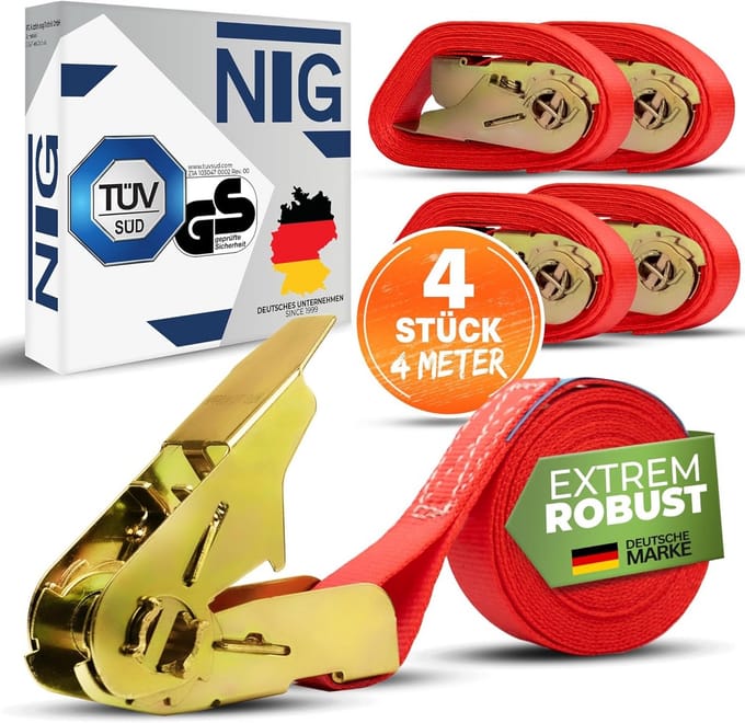 Spanbanden met ratel - Sjorriemen - Vastzetten lading - TÜV/GS-getest - 4 meter - Rood
