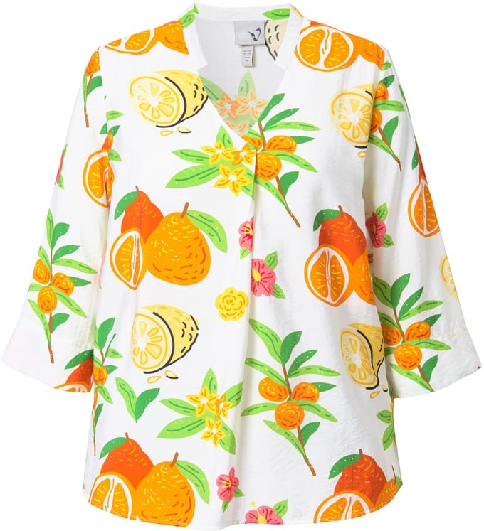 Ulla Popken - Dames - Tuniek fruit opstaande kraag V-hals 3/4-mouw - Sneeuwwit - Maat 54+