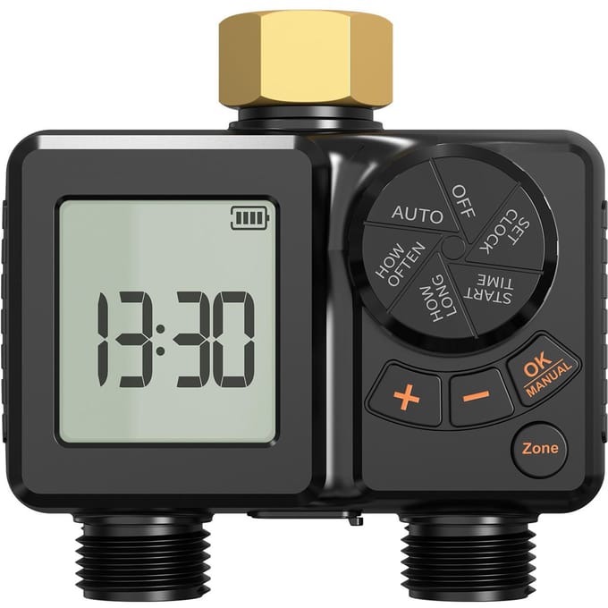 2-zone slimme water timer, dubbele uitgang, irrigatiecontroller, USB oplaadbaar, IPX6 waterdicht, voor tuin, BSP3/4 schroefdraad beige