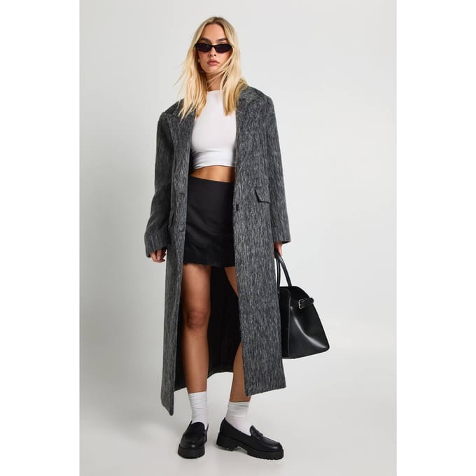 boohoo Dames Geborstelde wollen look jas met schoudervulling | Grey | Maat: 12