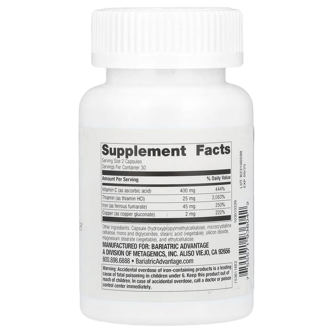 Bariatric Advantage, Vitamine C, IJzer met Thiamine en Koper, 60 Capsules