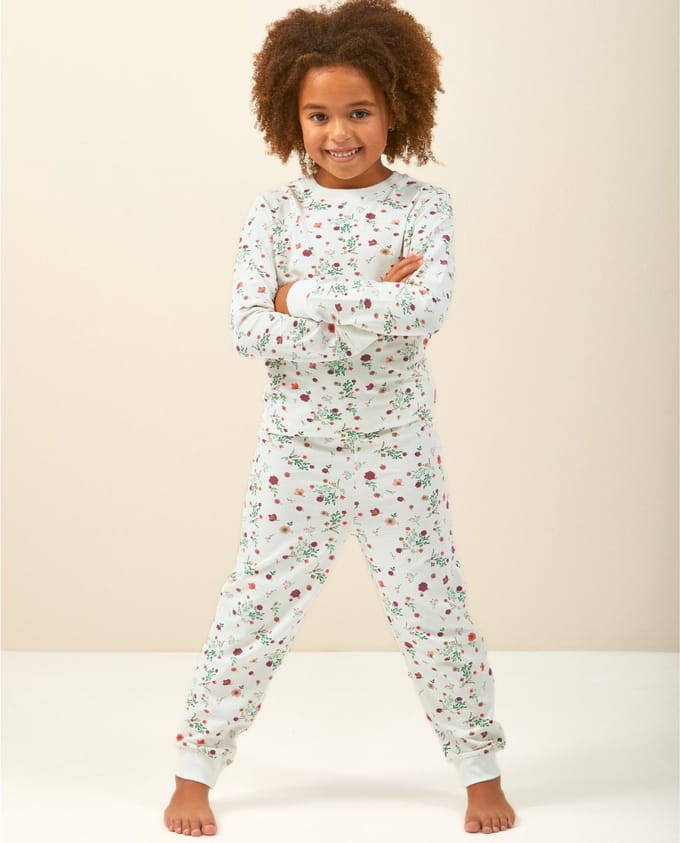 Little Label - pyjama meisjes wit bloemetjes - 2Y/86-92 - Zachte BIO Katoen