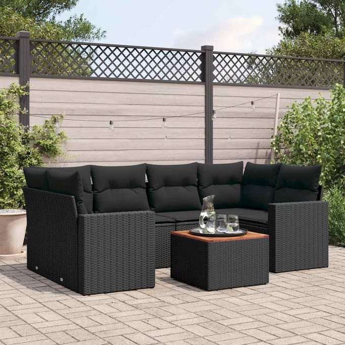 vidaXL - 7-delige - Loungeset - met - kussens - poly - rattan - zwart