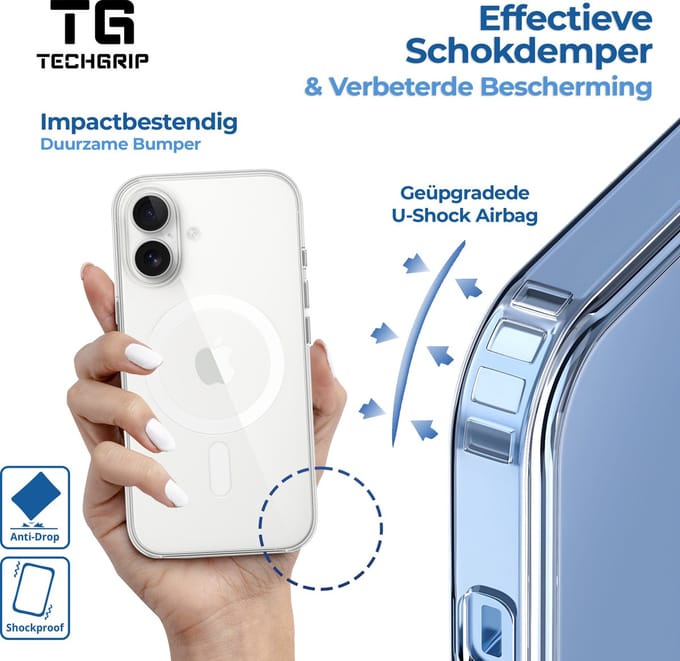 Techgrip - Hoesje geschikt voor iPhone 16 Plus Transparant Magsafe Compatible - Anti Shock Back Cover