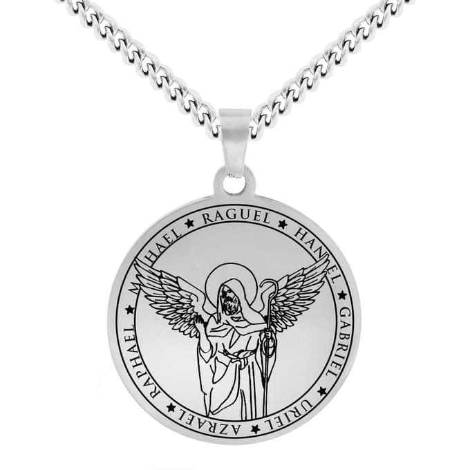 Beschermengel Raguël Ketting Zilverkleurig - Aartsengel Talisman / Medalion - Engelen Hanger - 60cm