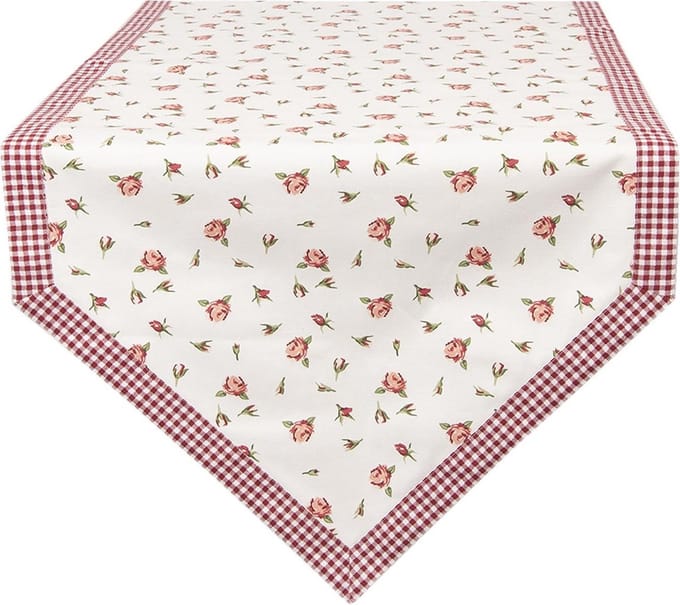 Clayre & Eef Tafelloper 50x160 cm Rood Wit Katoen Rozen Tafelkleed