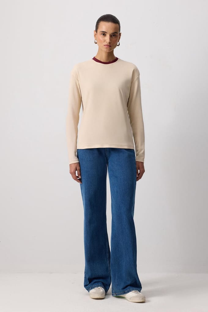 Touché Privé - T-shirt met geribde kraag (100% katoen) - Beige - Dames