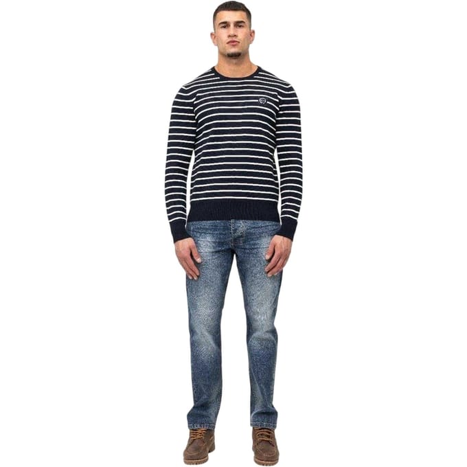 Marshall Artist Heren Gestreepte Ribgebreide Sweater Top (Marine)