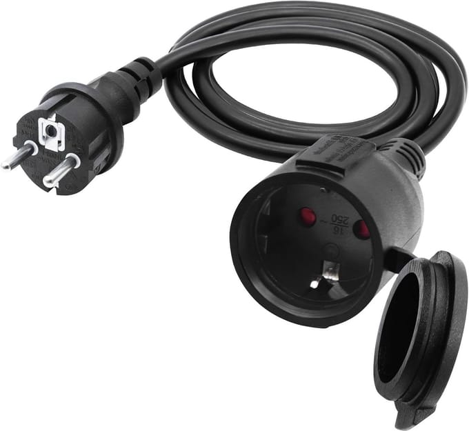 Buitenkabel met Schuko Plug 90° - Korte AC Verlengkabel - 1.5 m - Zwart - 16A 250V IP44