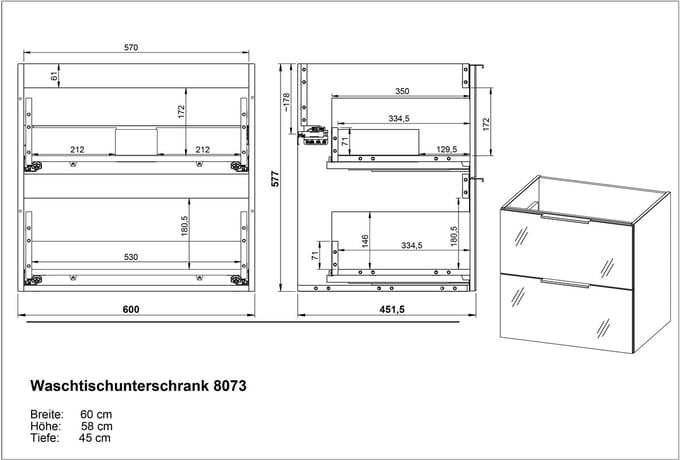 Wastafelkast Laurel Wit - Breedte 61 cm - Hoogte 65 cm - Diepte 46 cm