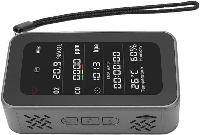 Luchtkwaliteitsmonitor - CO2 detector - Milieu monitoren - Multifunctioneel apparaat - 110 mm - Zwart