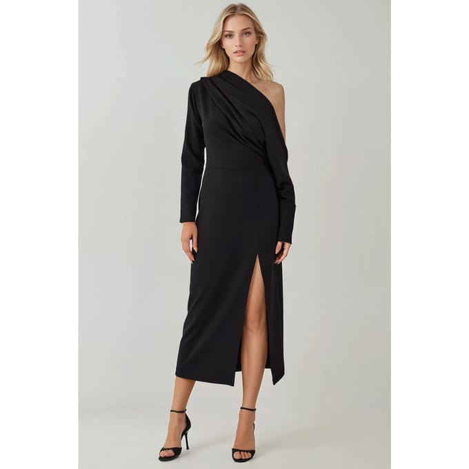 Asymmetrische Kraag Bodycon Midi Jurk met Splits