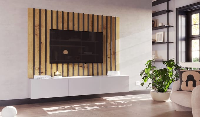 Meubel Square - Wandmeubel Lamaro - TV-meubel - Mat Wit - Kast met lamellenpanelen