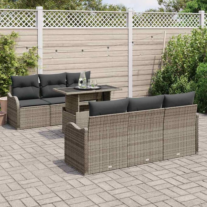vidaXL - Tuinbank - Set - 7 - st - 6-zits - Grijs - [Synthetisch]: - Poly - Riet