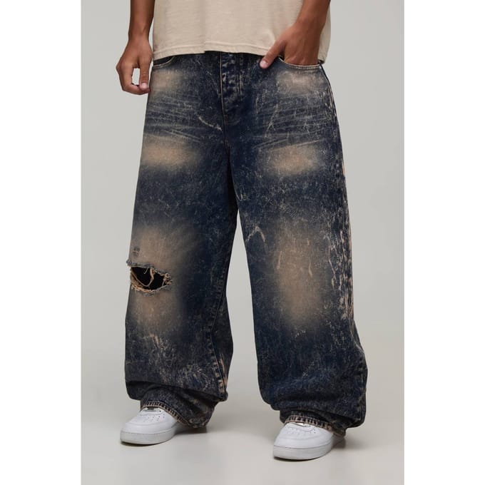 Tall Extreme Gewassen Gescheurde Super Ruime Jeans | Mid Blue | Size 40