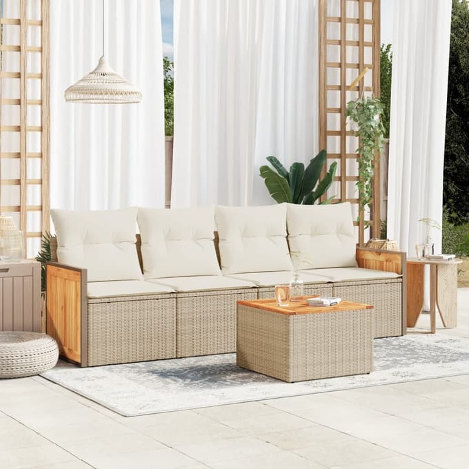 vidaXL - 5-delige - Loungeset - met - kussens - poly - rattan - beige