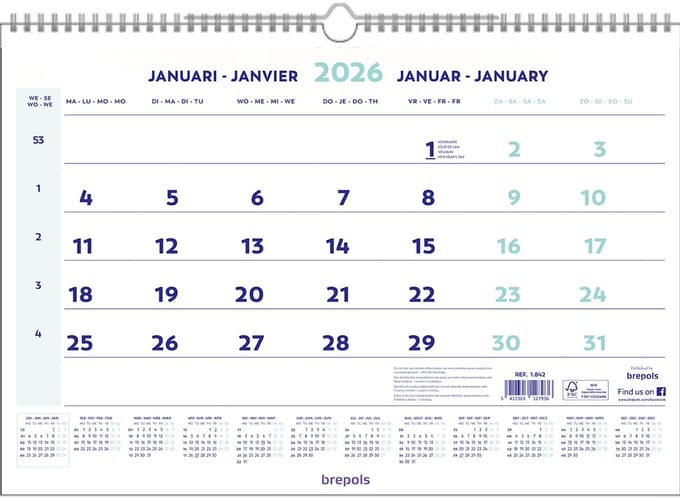 Brepols Maandkalender 2026 - Wire-O - 43 x 31,5 cm