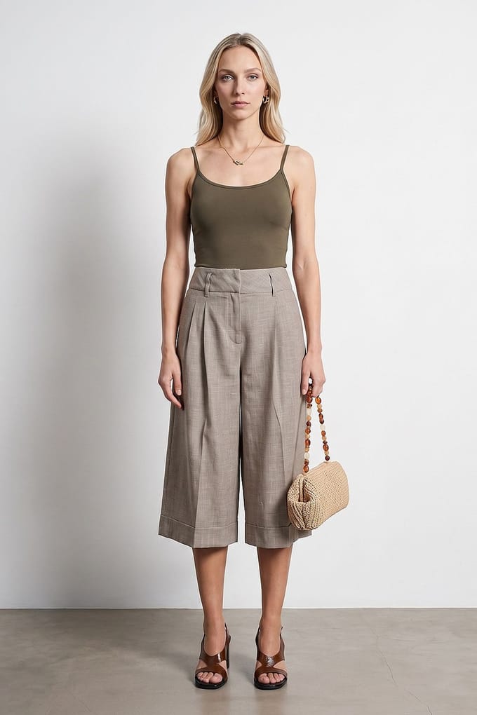 Hoge Taille Geplooide Wijde Capri Broek