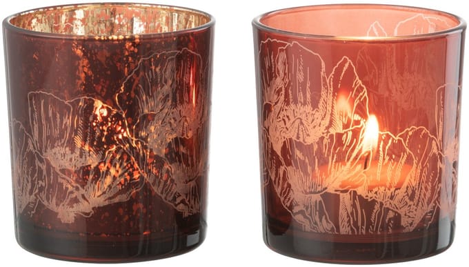 J-Line windlicht Bloemen - glas - bordeaux - small - 2 stuks