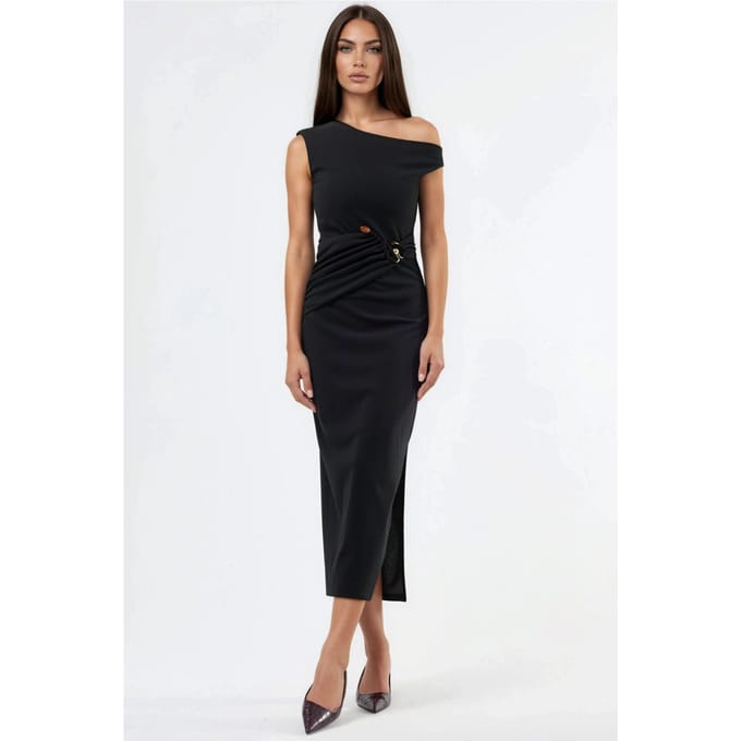 Asymmetrische Kraag Midi-jurk met Accessoire-details