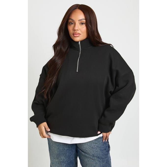 boohoo Dames Plus Oversized Halve Rits Sweatshirt | Zwart | Maat: 50