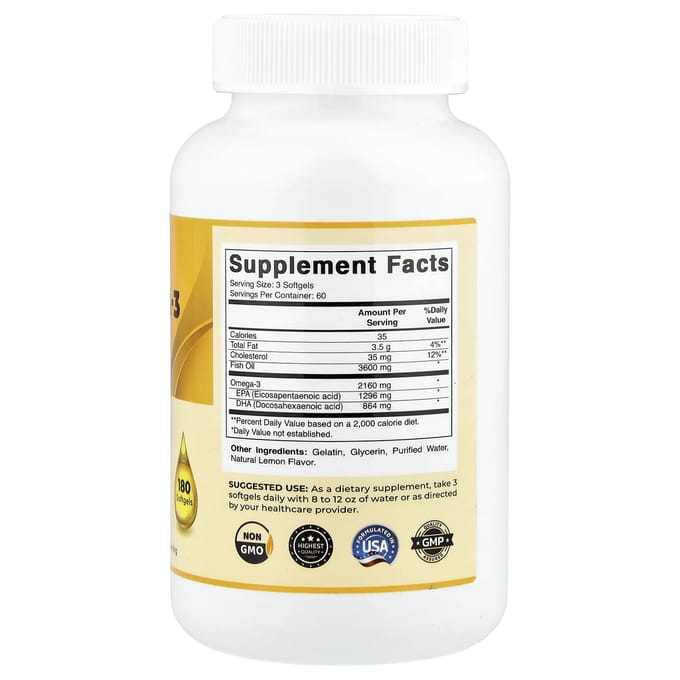 Vitamatic, Huile de Poisson Oméga-3, Arôme Naturel de Citron, 180 Gélules Molles