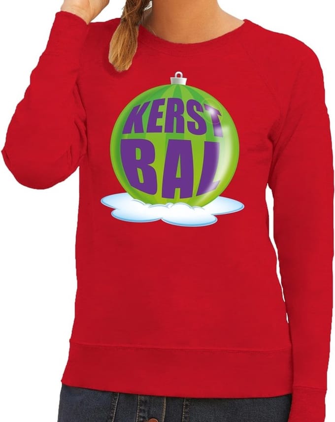 Foute kersttrui kerstbal groen op rode sweater voor dames - kersttruien 2XL