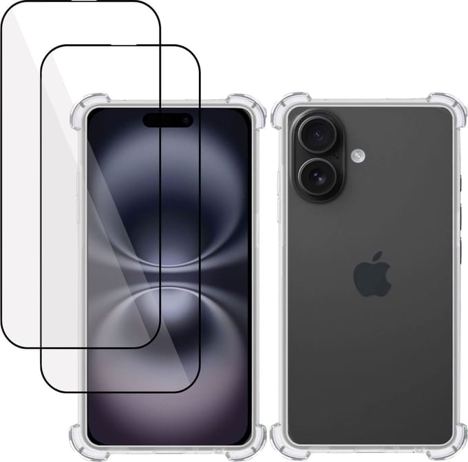 Hoesje + 2x Screenprotector geschikt voor Apple iPhone 16 Plus – Full Screen Tempered Glass - Extreme Shock Case Transparant