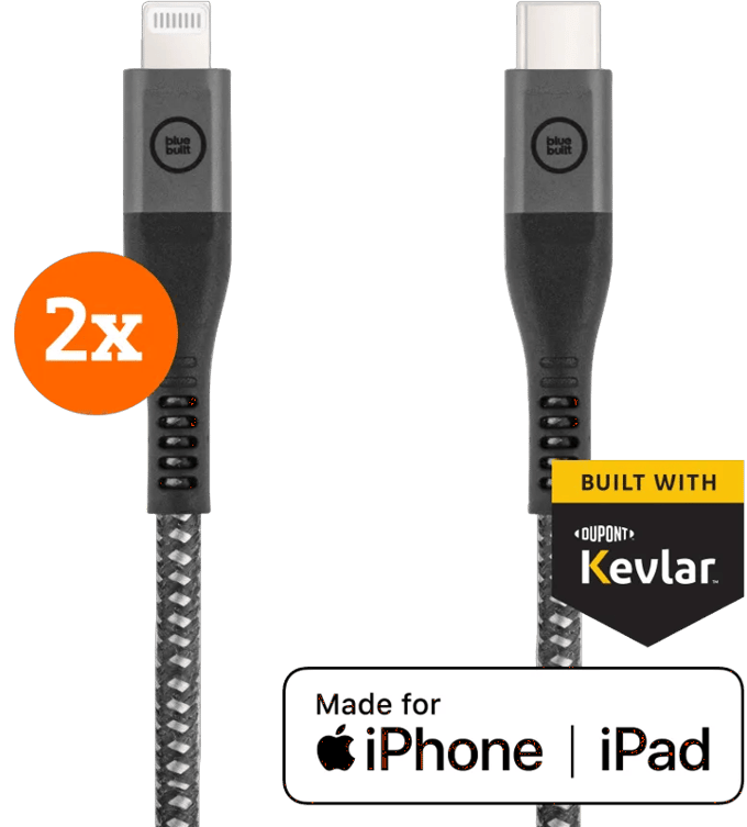 BlueBuilt Usb C naar Lightning Kabel 1,5m Kevlar Zwart Duo Pack