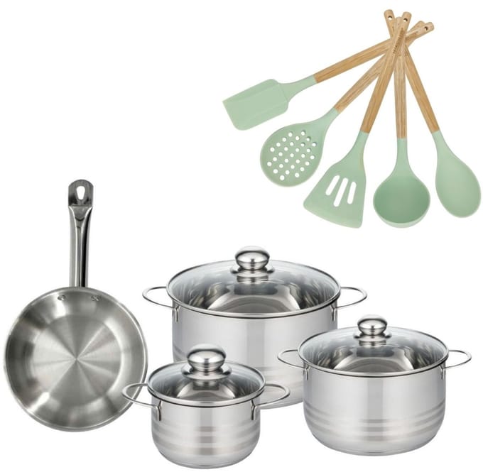 Set Koekenpan 20 cm en 3 Kookpotten 16/20/24 cm Fackelmann Etherna met 5 Fackelmann OCEAN keukengerei