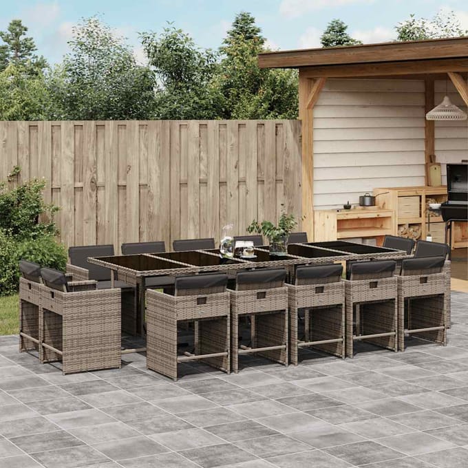 vidaXL - 15-delige - Tuinset - met - kussens - poly - rattan - grijs