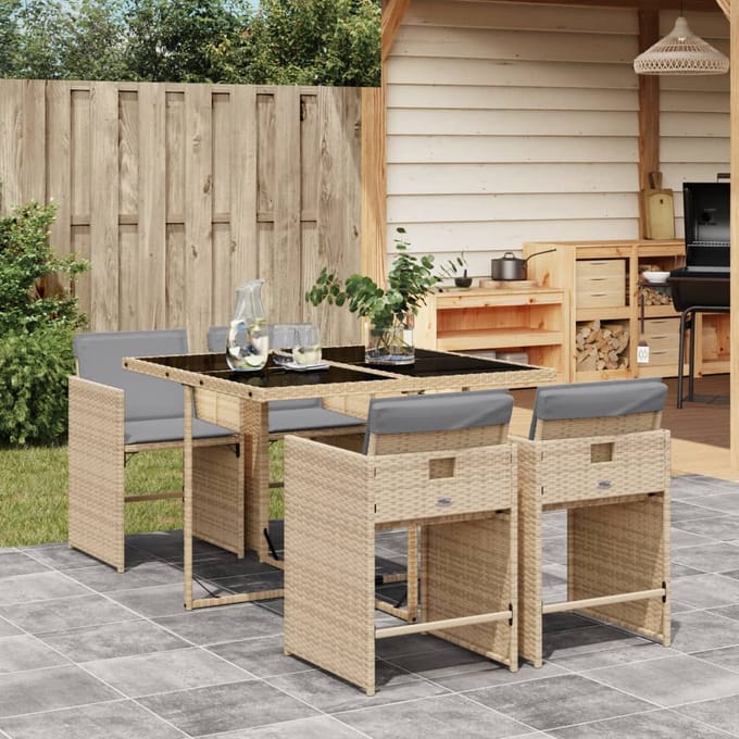vidaXL - 5-delige - Tuinset - met - kussens - poly - rattan - gemengd - beige