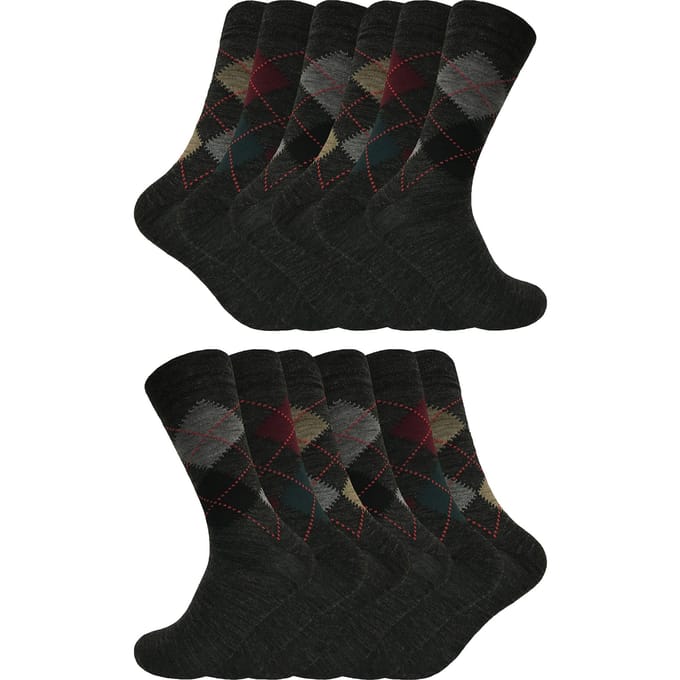 12 paar multiverpakking Argyle lamswollen herensokken - Grijs