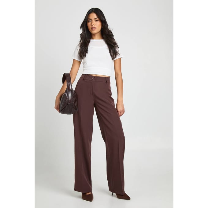 boohoo Dames Geweven op maat gemaakte slanke rechte broek | Chocoladebruin | Maat: 44